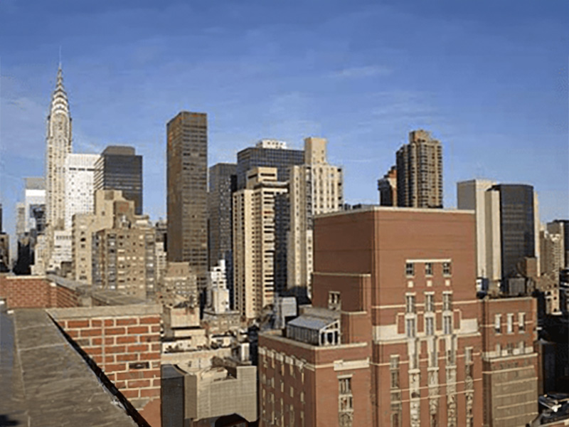The image shows a panoramic view of a city skyline with tall buildings, including the iconic Empire State Building, under a clear blue sky.